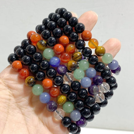 8mm 7 Chakra Mixed Black Obsidian Bracelets Wholesale -Wholesale Crystals