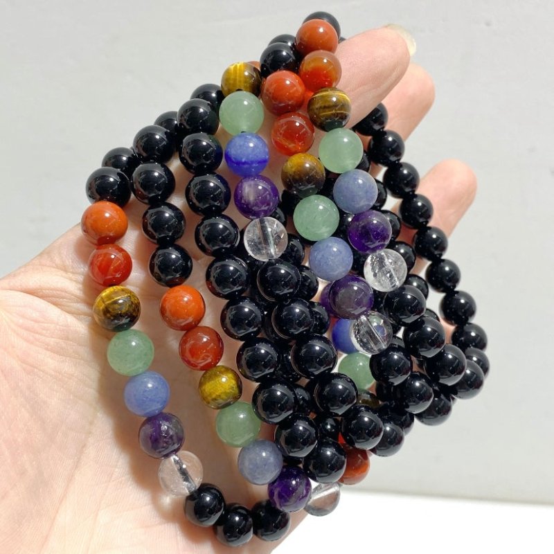 8mm 7 Chakra Mixed Black Obsidian Bracelets Wholesale -Wholesale Crystals