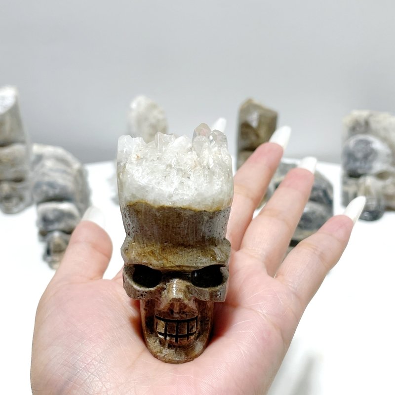 9 Pieces Clear Quartz Cluster Indian Skull Carving - Wholesale Crystals