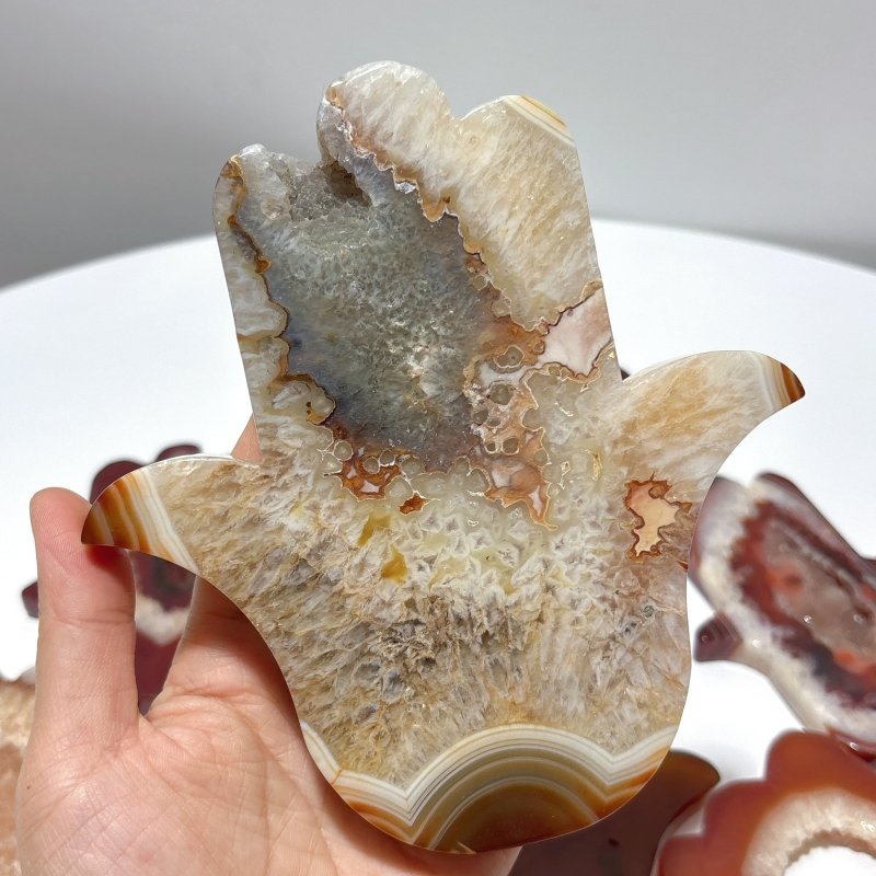 9 Pieces Large Carnelian Geode Hamsa Hand Carving - Wholesale Crystals