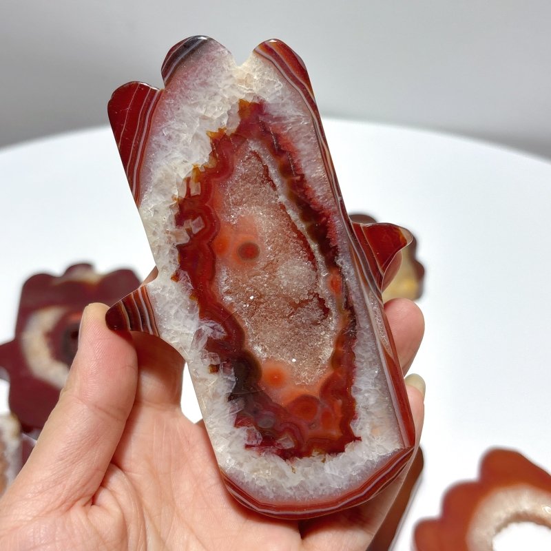 9 Pieces Large Carnelian Geode Hamsa Hand Carving - Wholesale Crystals