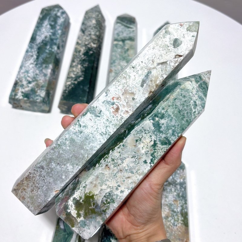 9 Pieces Large White Moss Agate Tower Points Closeout - Wholesale Crystals