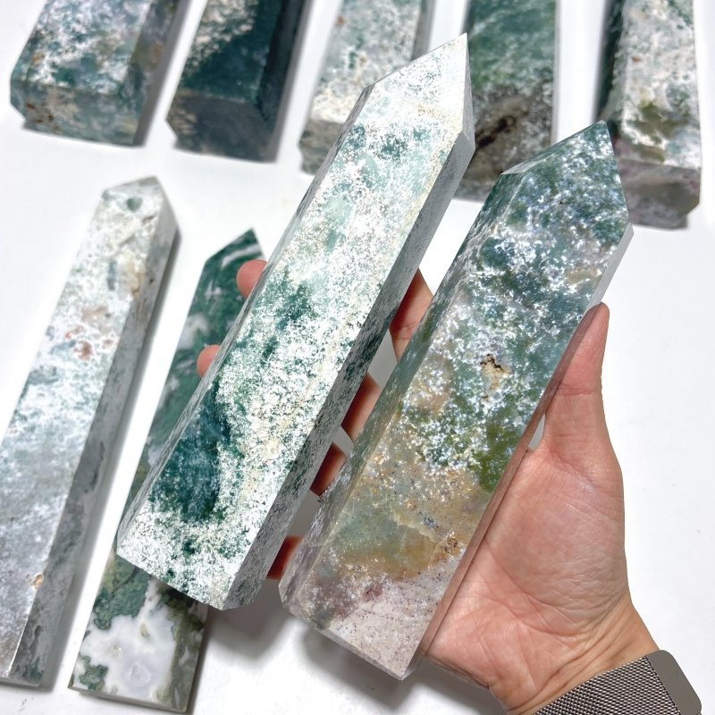 9 Pieces Large White Moss Agate Tower Points Closeout - Wholesale Crystals