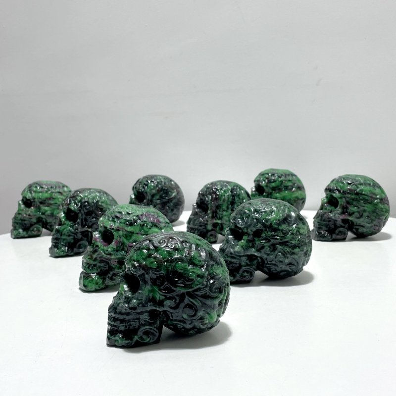 9 Pieces Ruby Zoisite Skull Carving - Wholesale Crystals