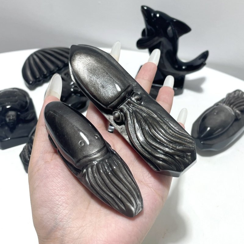 9 Pieces Silver Sheen Obsidian Sea Animals Carving - Wholesale Crystals