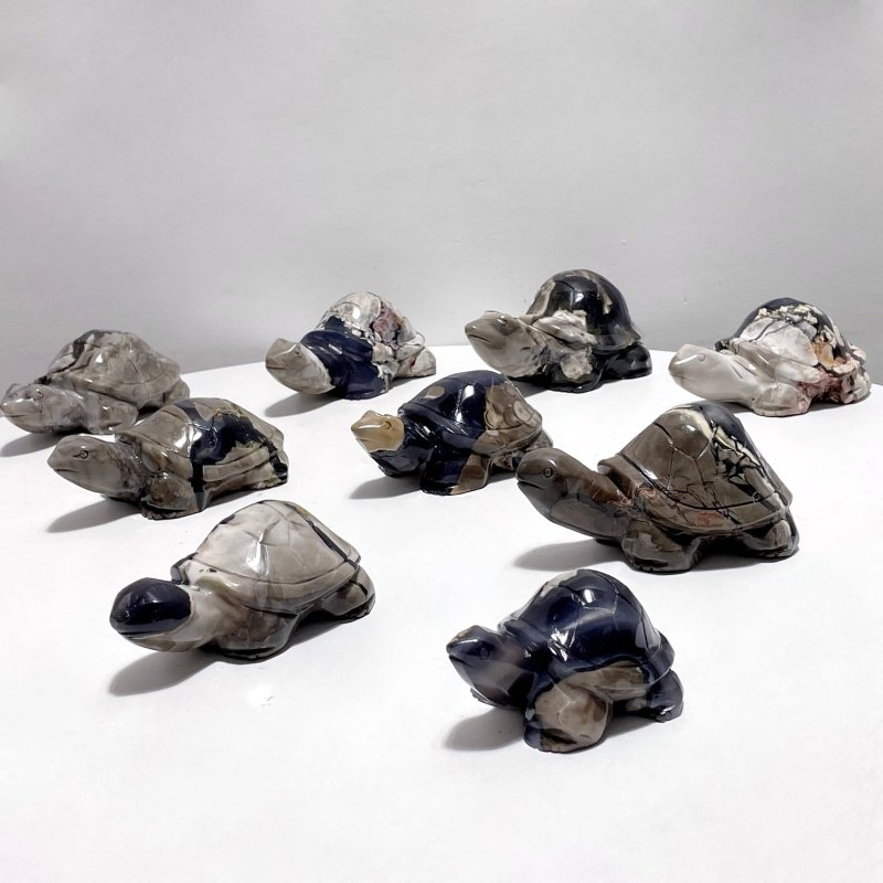 9 Pieces Volcano Agate Turtle Carving(UV - Reactive) - Wholesale Crystals