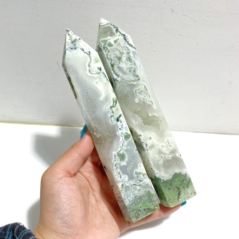 9 Pieces White Geode Druzy Moss Agate Point - Wholesale Crystals
