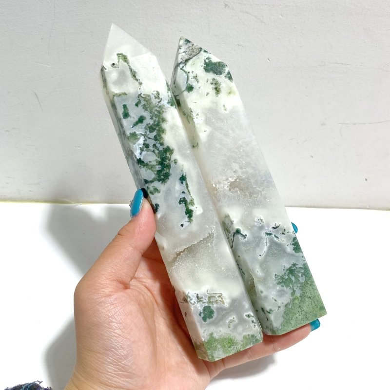 9 Pieces White Geode Druzy Moss Agate Point - Wholesale Crystals