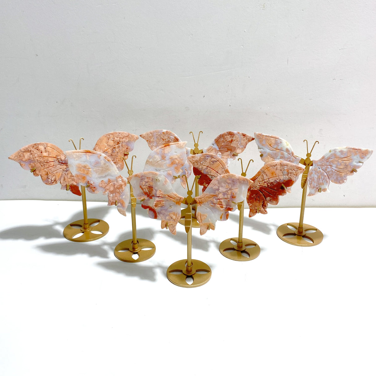 6 Pairs Pink Agate Butterfly Wing Carving With Stand