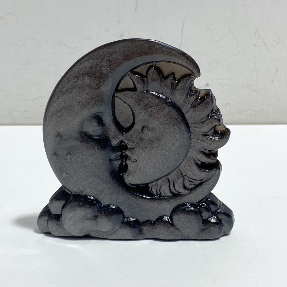 Silver Sheen Obsidian Sun & Moon Face Carving Wholesale