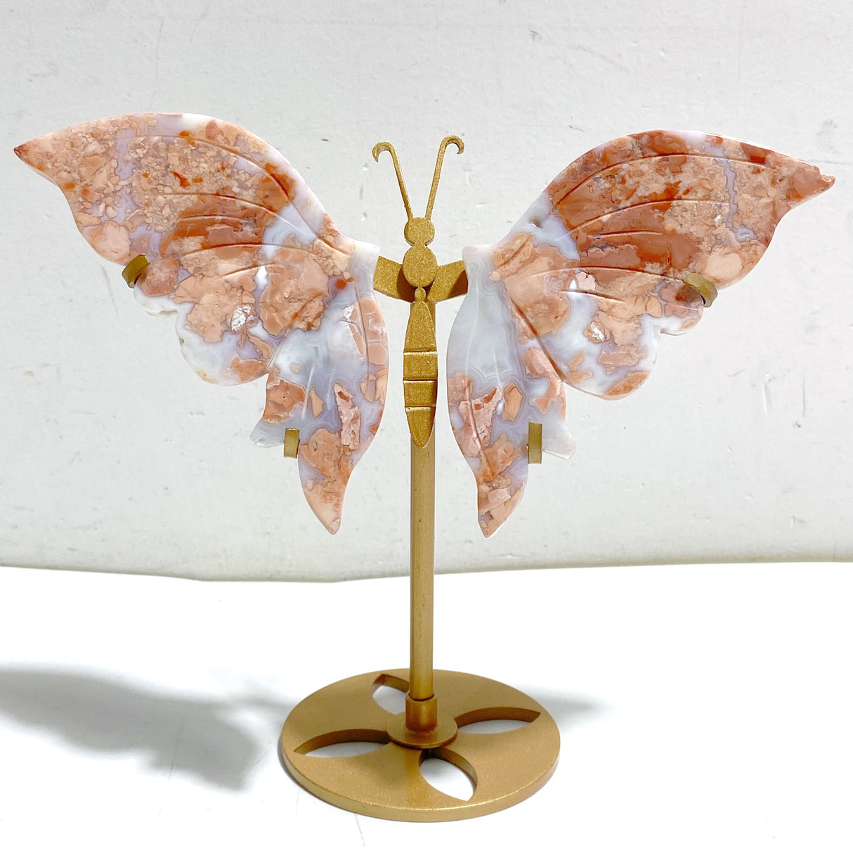 6 Pairs Pink Agate Butterfly Wing Carving With Stand