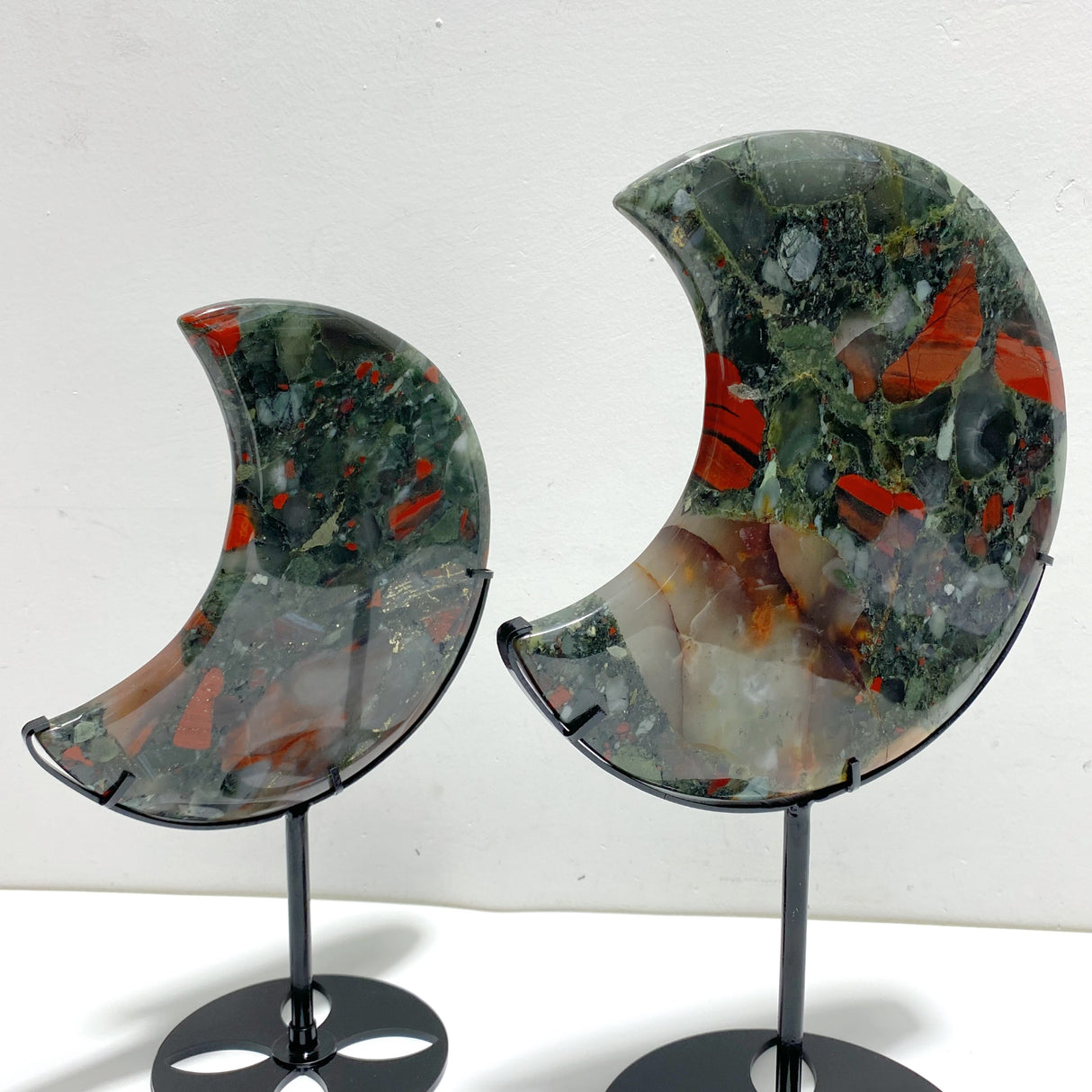 2 Pieces Large Africa Blood Stone Moon Carving With Stand