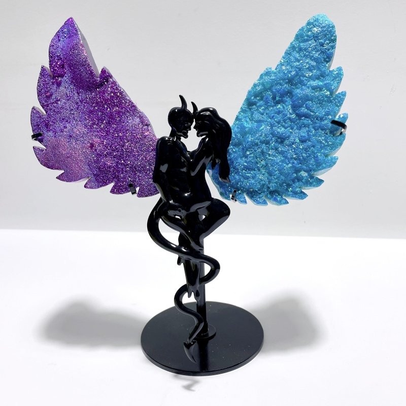 Aura Quartz Cluster Demon And Angel Wing Carving With Stand - Wholesale Crystals