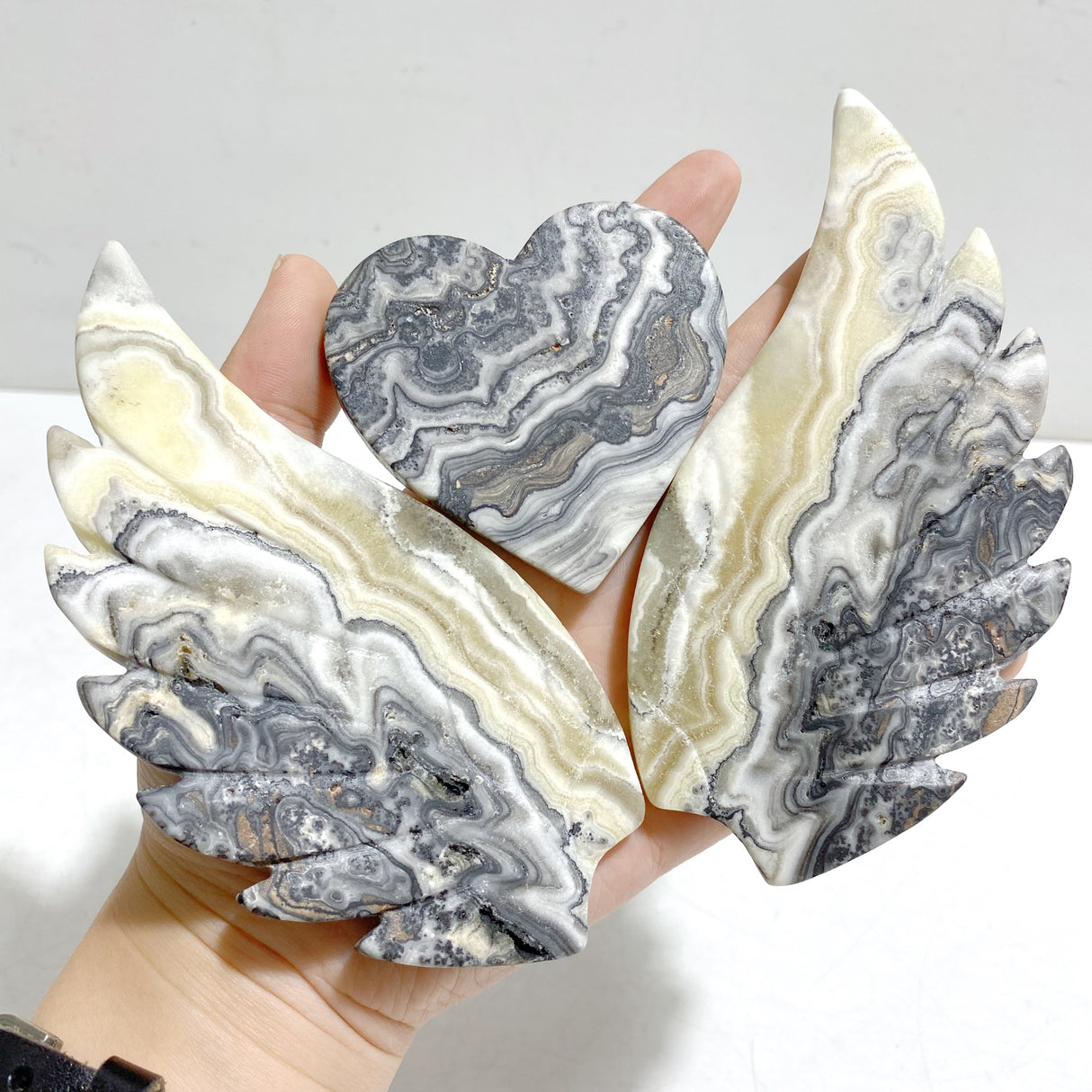 Gray Lace Agate Heart Wing Carving With Stand