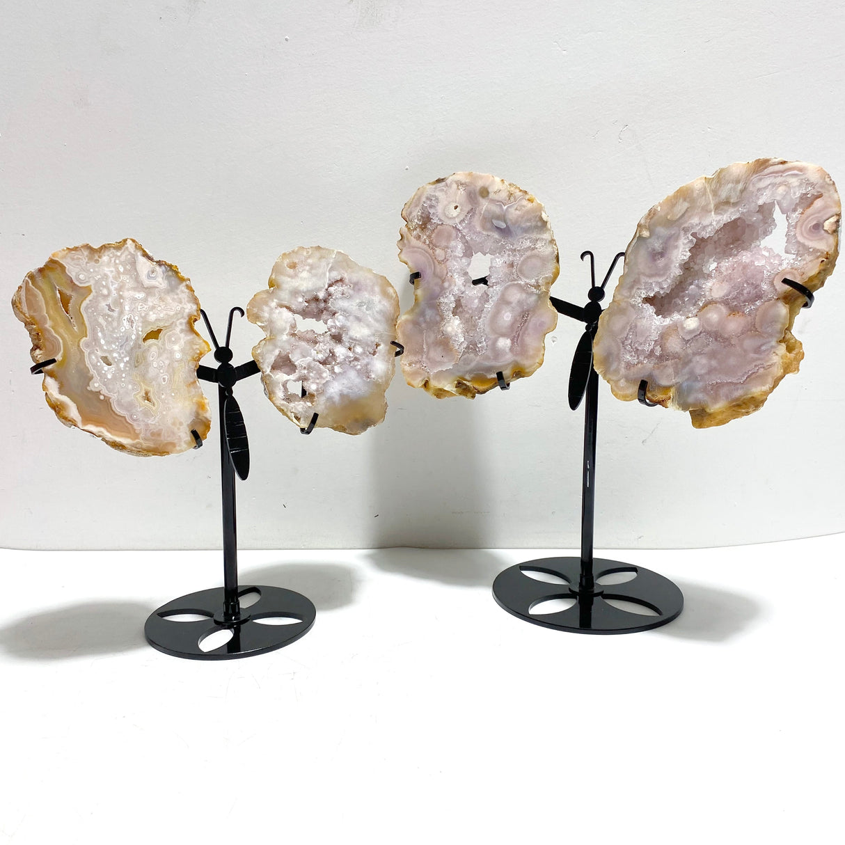 2 Pairs Geode Druzy Sakura Flower Agate Butterfly Wing With Stand