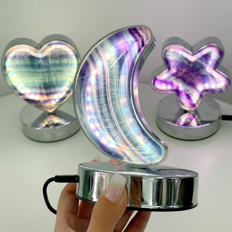 Beautiful Fluorite LED Table Lamp Flower Moon & Heart Shape - Wholesale Crystals