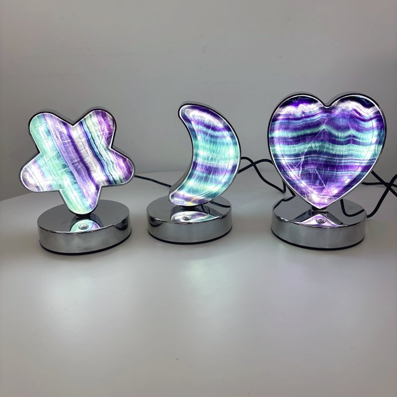 Beautiful Fluorite LED Table Lamp Flower Moon & Heart Shape - Wholesale Crystals