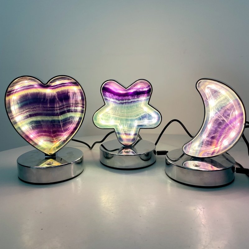 Beautiful Fluorite LED Table Lamp Flower Moon & Heart Shape - Wholesale Crystals