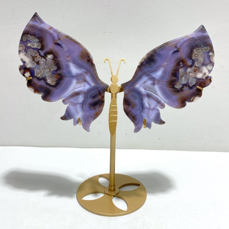 Beautiful Symmetric Purple Flower Agate Butterfly Wing Carving With Stand - Wholesale Crystals