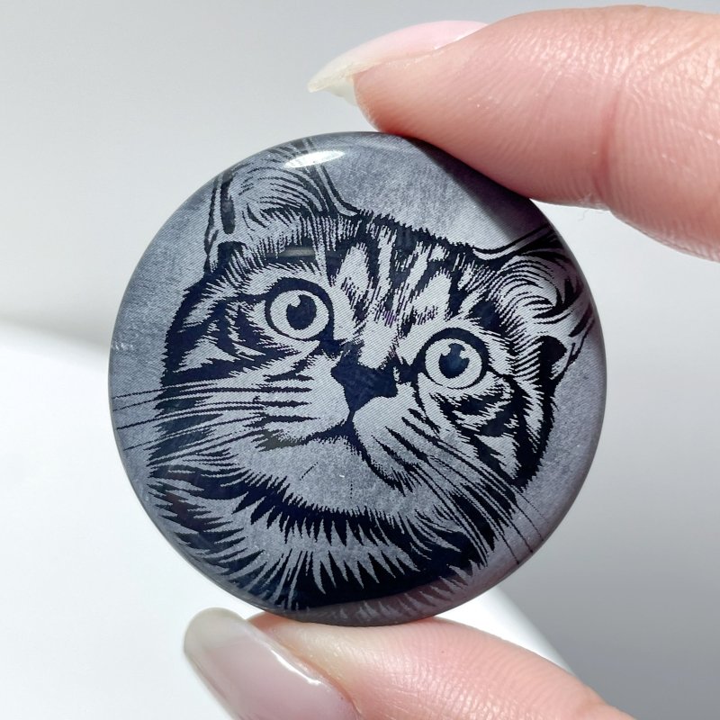 Black Obsidian Engraved Cat Round Slices DIY Accessories Wholesale - Wholesale Crystals