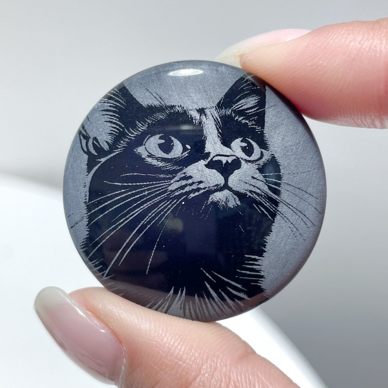 Black Obsidian Engraved Cat Round Slices DIY Accessories Wholesale - Wholesale Crystals