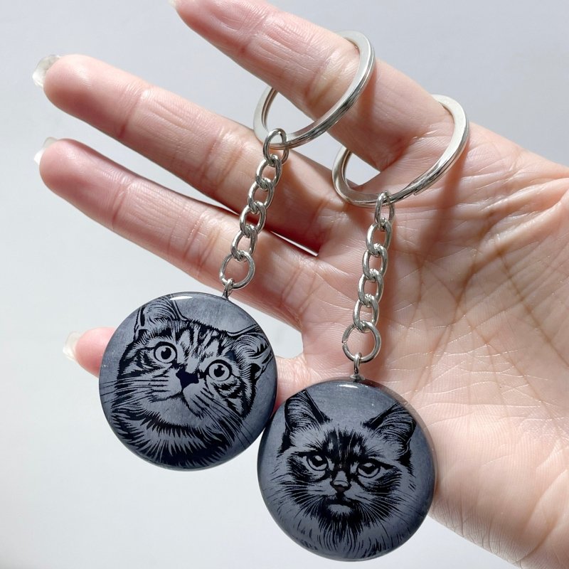 Black Obsidian Engraved Cat Round Slices Keychain Wholesale - Wholesale Crystals