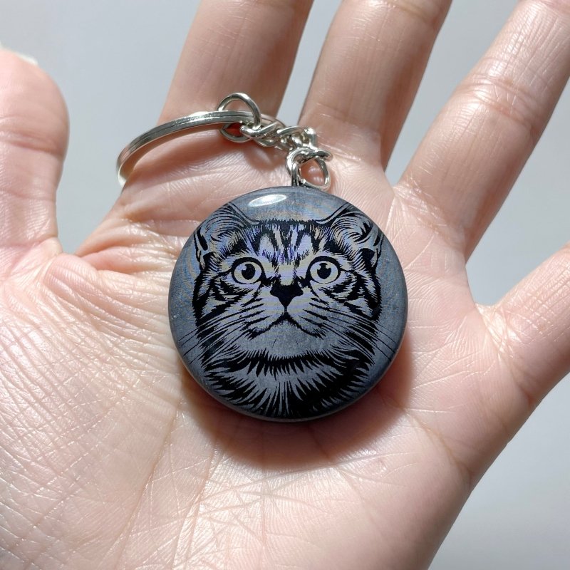 Black Obsidian Engraved Cat Round Slices Keychain Wholesale - Wholesale Crystals