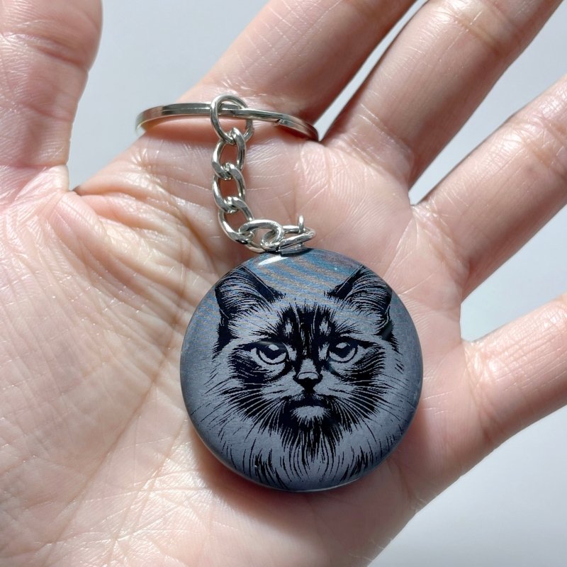 Black Obsidian Engraved Cat Round Slices Keychain Wholesale - Wholesale Crystals