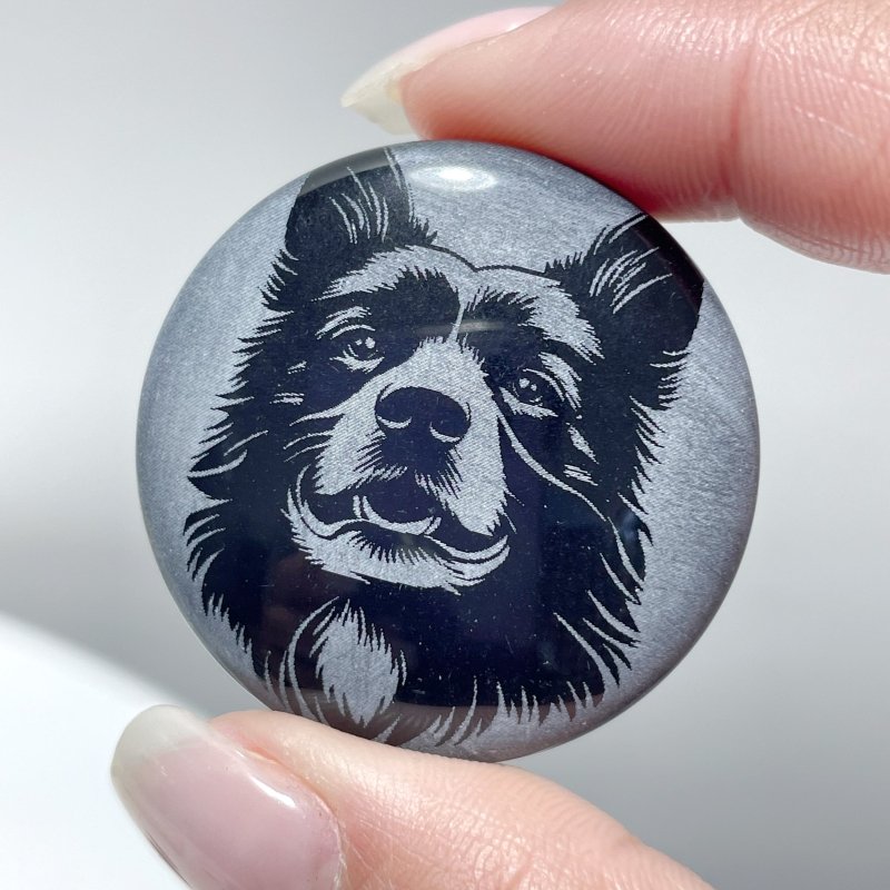 Black Obsidian Engraved Dog Round Slices DIY Accessories Wholesale - Wholesale Crystals