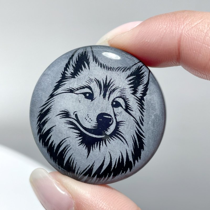 Black Obsidian Engraved Dog Round Slices DIY Accessories Wholesale - Wholesale Crystals