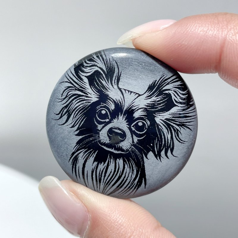 Black Obsidian Engraved Dog Round Slices DIY Accessories Wholesale - Wholesale Crystals