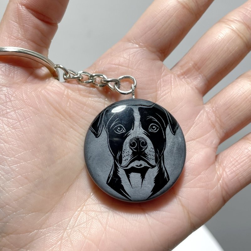 Black Obsidian Engraved Dog Round Slices Keychain Wholesale - Wholesale Crystals