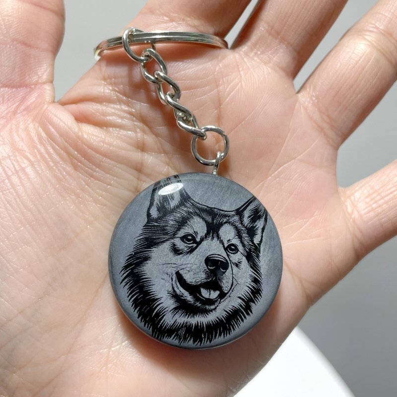 Black Obsidian Engraved Dog Round Slices Keychain Wholesale - Wholesale Crystals