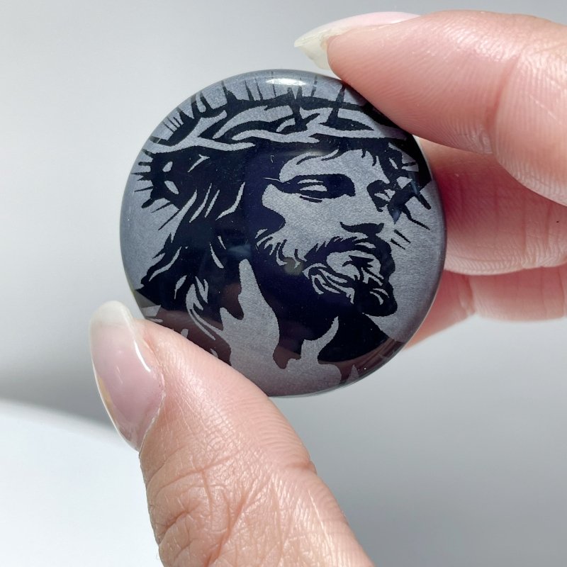 Black Obsidian Engraved Jesus Christ Round Slices DIY Accessories Wholesale - Wholesale Crystals