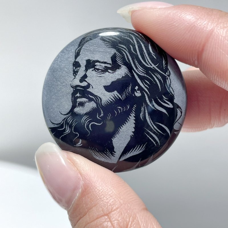 Black Obsidian Engraved Jesus Christ Round Slices DIY Accessories Wholesale - Wholesale Crystals