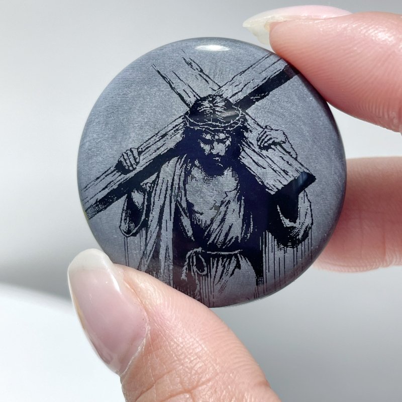 Black Obsidian Engraved Jesus Christ Round Slices DIY Accessories Wholesale - Wholesale Crystals