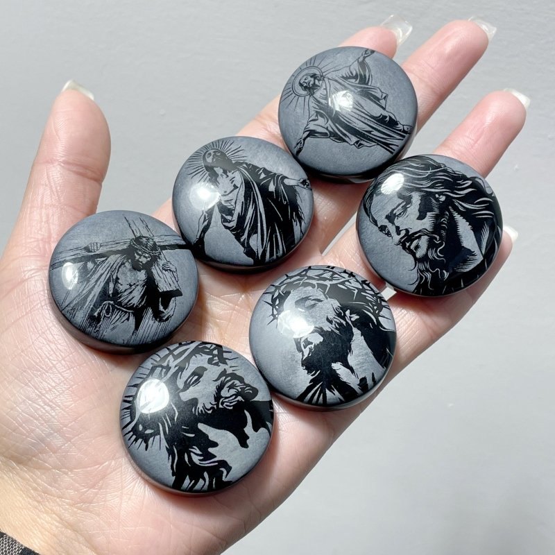 Black Obsidian Engraved Jesus Christ Round Slices DIY Accessories Wholesale - Wholesale Crystals