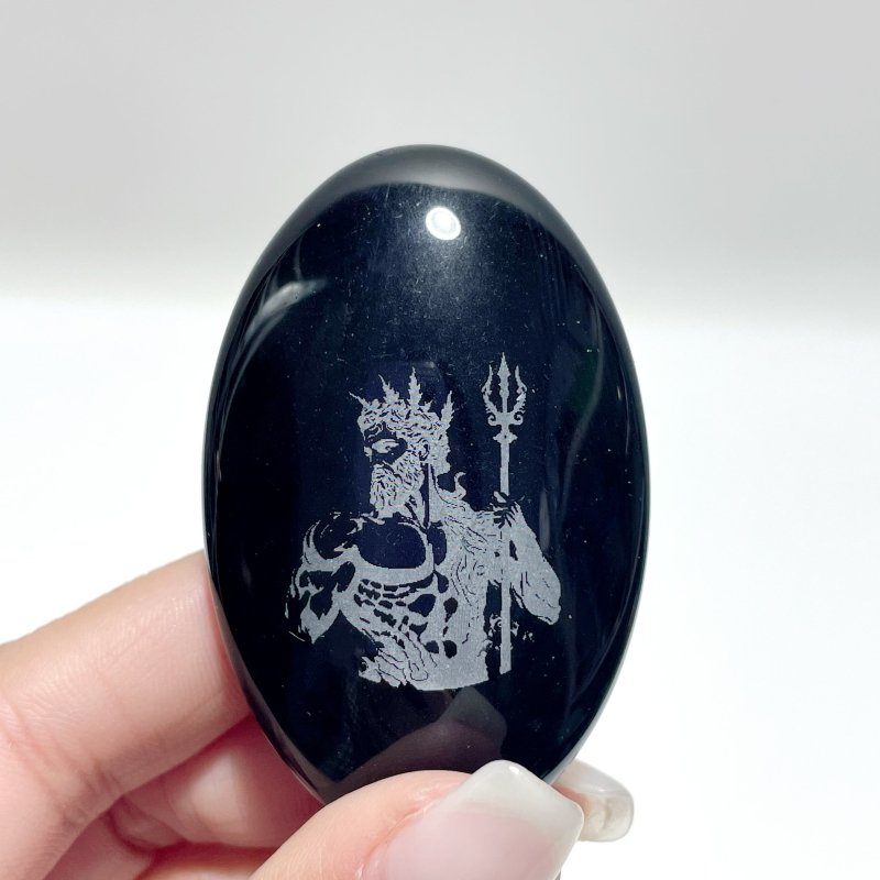 Black Obsidian Engraved Twelve Olympians Palm Stone Wholesale - Wholesale Crystals