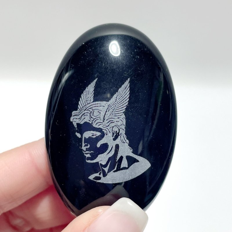 Black Obsidian Engraved Twelve Olympians Palm Stone Wholesale - Wholesale Crystals