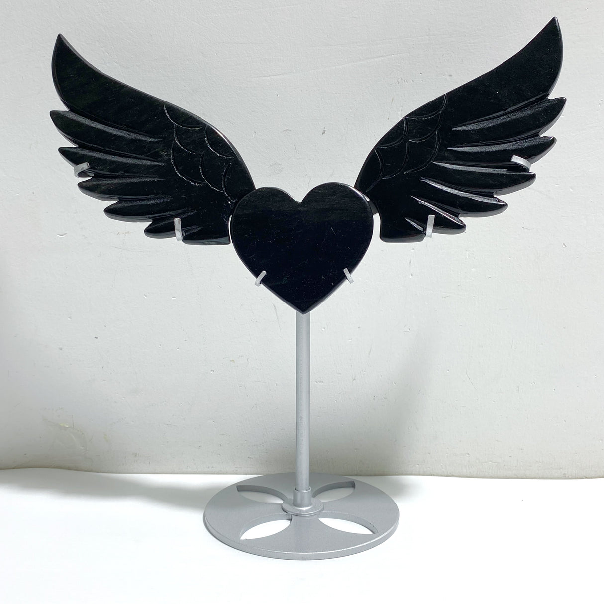 Unique Black Obsidian Heart Wing Carving With Stand