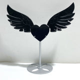 Unique Black Obsidian Heart Wing Carving With Stand