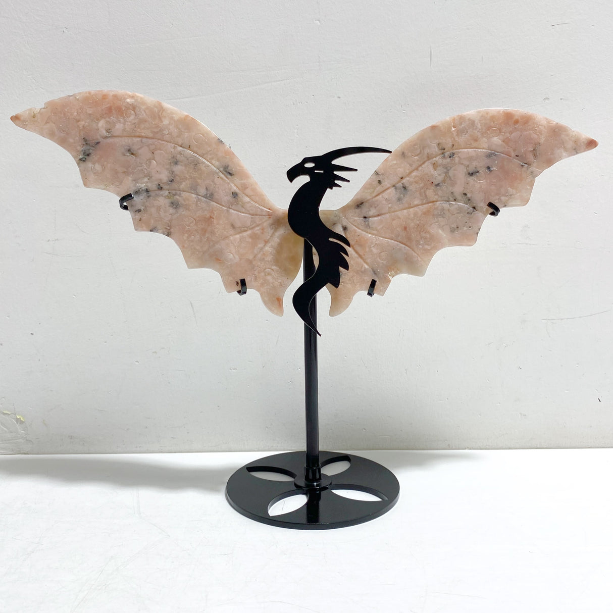 Pink Agate Flying Dragon Wing Carving With Stand