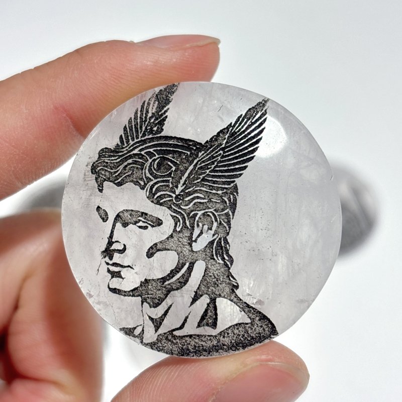 Clear Quartz Engraved Olympian Gods Round Slices DIY Accessories Wholesale - Wholesale Crystals