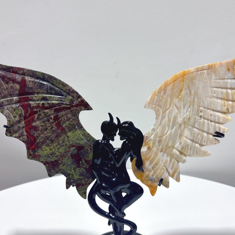 Coral Jade Dragon Blood Stone Demons Angel And Wing Carving With Stand - Wholesale Crystals