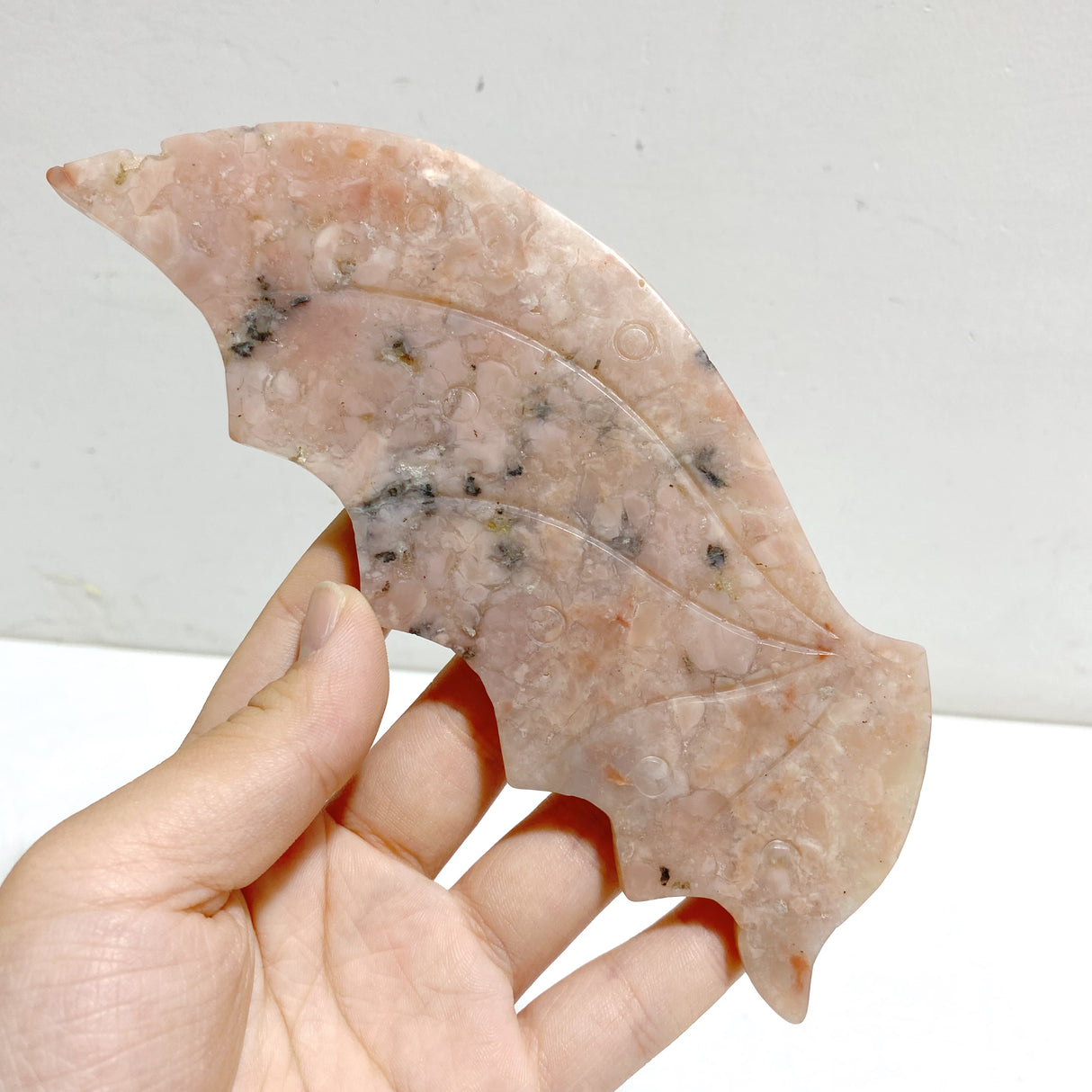 Pink Agate Flying Dragon Wing Carving With Stand