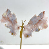 Unique Sakura Flower Agate Butterfly Wing Carving With Stand