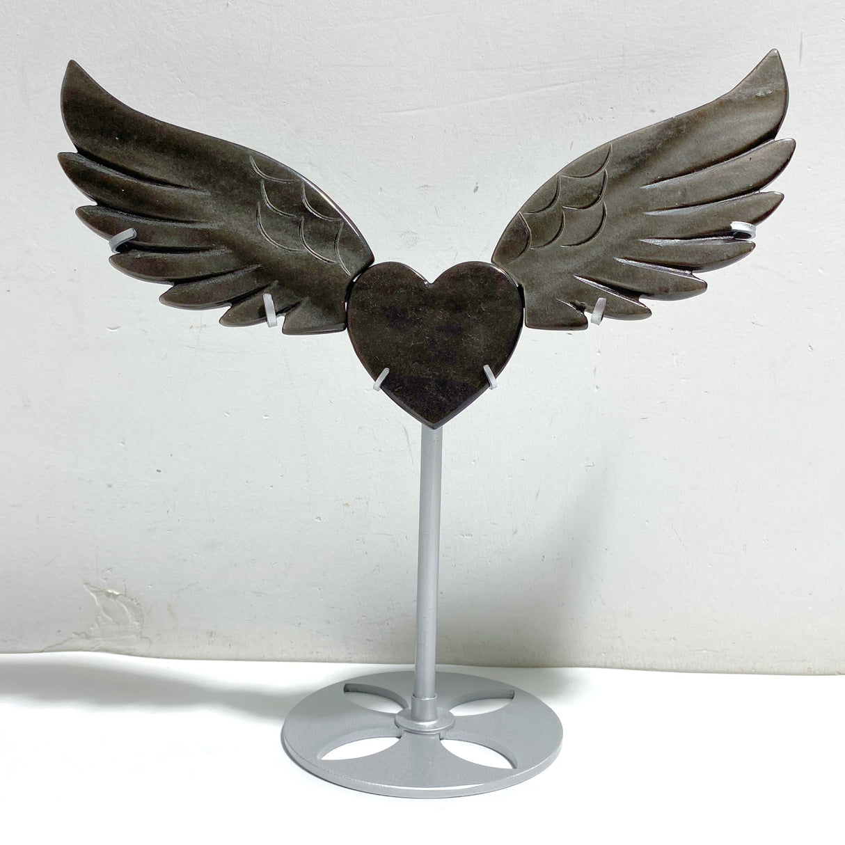 Silver Sheen Obsidian Heart Wing Carving With Stand