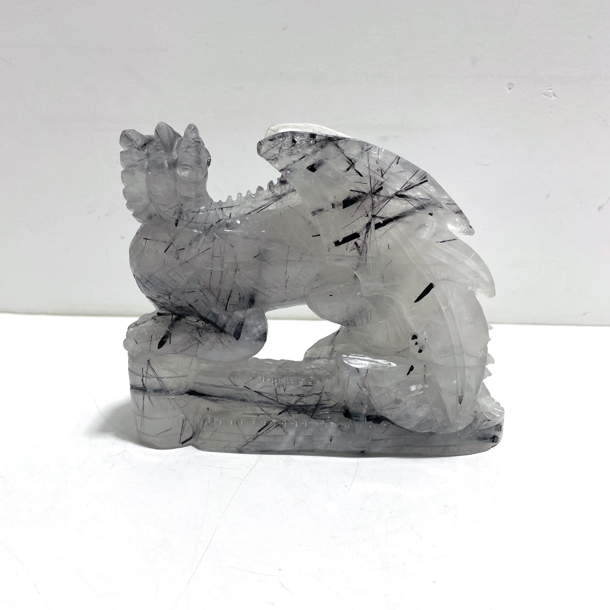 Unique Black Tourmaline Flying Dragon Castle Carving