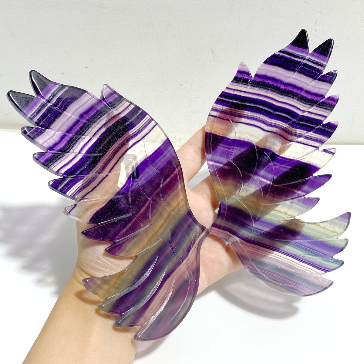 Beautiful Rainbow Fluorite Symmetry Owl Wing Carving With Stand