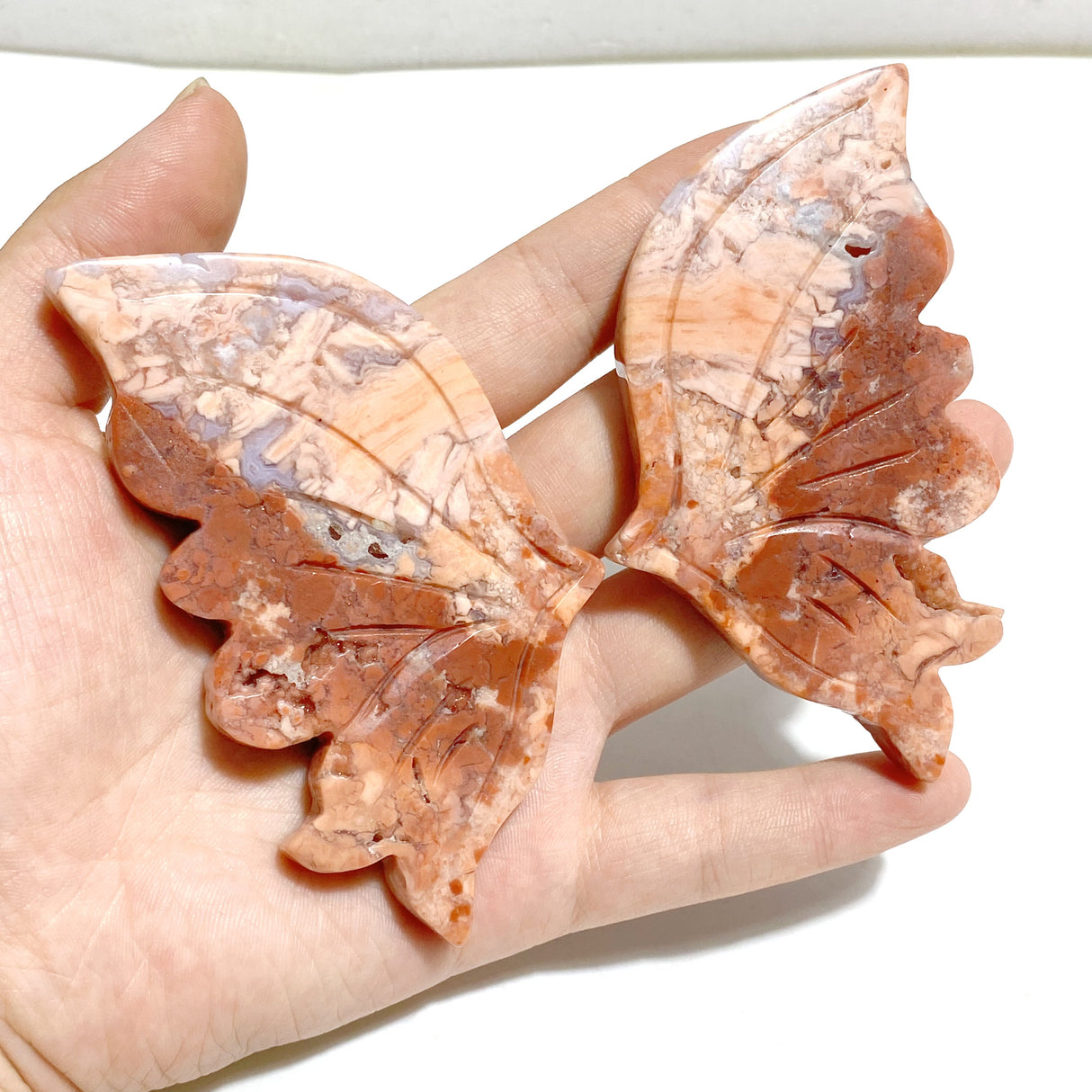 6 Pairs Pink Agate Butterfly Wing Carving With Stand